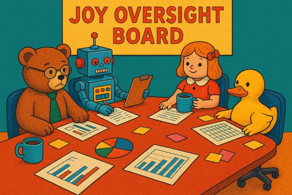 A colorful, satirical illustration shows a teddy bear, retro robot, classic doll, and rubber duck seated around a conference table labeled “Joy Oversight Board.” The toys wear ties, hold coffee mugs, and review spreadsheets under a yellow banner. The room features teal walls and a burnt orange floor.