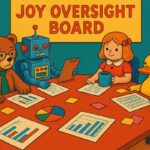 A colorful, satirical illustration shows a teddy bear, retro robot, classic doll, and rubber duck seated around a conference table labeled “Joy Oversight Board.” The toys wear ties, hold coffee mugs, and review spreadsheets under a yellow banner. The room features teal walls and a burnt orange floor.