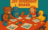 A colorful, satirical illustration shows a teddy bear, retro robot, classic doll, and rubber duck seated around a conference table labeled “Joy Oversight Board.” The toys wear ties, hold coffee mugs, and review spreadsheets under a yellow banner. The room features teal walls and a burnt orange floor.