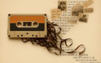 A vintage cassette tape unravels into a stream of binary code, faded photographs, and handwritten fragments—symbolizing emotional memory as a blend of analog nostalgia and digital echo.