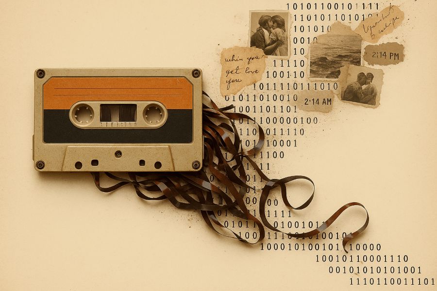 A vintage cassette tape unravels into a stream of binary code, faded photographs, and handwritten fragments—symbolizing emotional memory as a blend of analog nostalgia and digital echo.