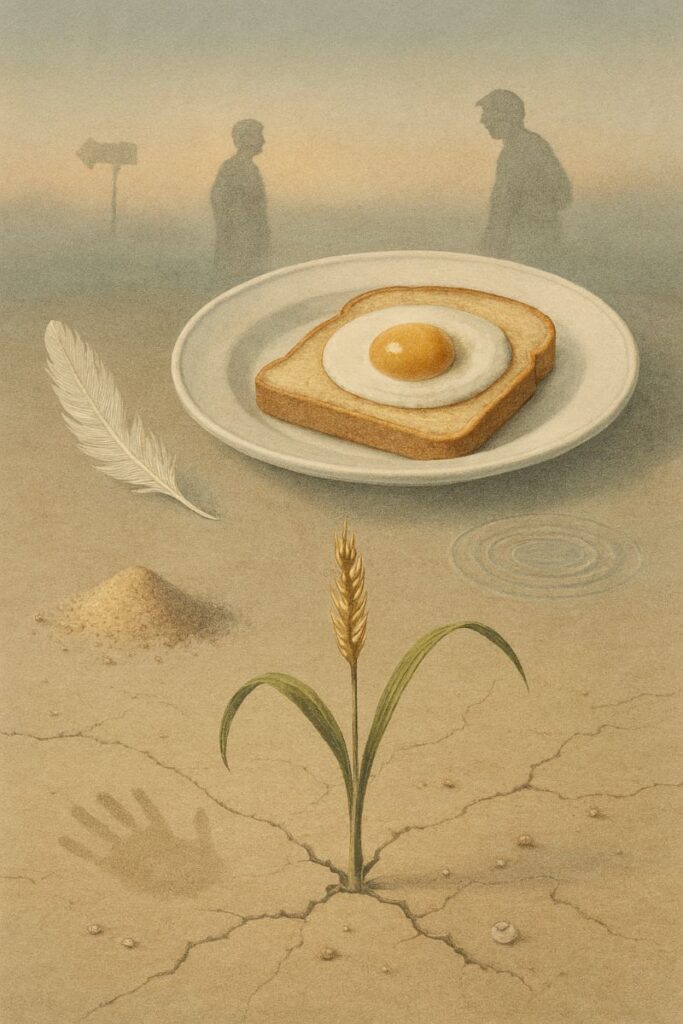 Grain stalk defies cracked earth while toast, egg, and feather audition for a metaphorical TED Talk.
