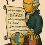 A judge in ornate period costume with “COMPILER” inscribed on his forehead holds a scroll labeled “public class Lyric” in Java syntax; in front of him, a tray displays a melting globe and a serving of fries.