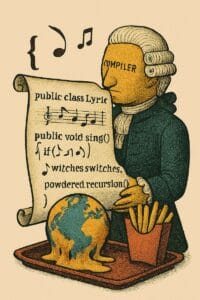 A judge in ornate period costume with “COMPILER” inscribed on his forehead holds a scroll labeled “public class Lyric” in Java syntax; in front of him, a tray displays a melting globe and a serving of fries.