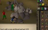 Pixelated RuneScape screenshot showing a player mining with a Rune pickhead while two others loiter nearby. Inventory reveals 12K gold, a pickhead, and existential despair. Dialogue box confirms: “I just sold a rune pickhead and got 12K.” 📜 Caption: “Ooka long bang bang echoes through the canyon of poor loot decisions.” 🧾 Description: A retro RuneScape scene rendered in glorious low-poly nostalgia. One brother mines with solemn purpose, another hurls insults from offscreen. The Rune pickhead gleams with potential — squandered for 12K gold and a moment of sibling triumph. Inventory chaos, skill imbalance, and gaseous cloud spells swirl in the background, as the sacred absurdity of MMORPG life unfolds. This is not just a screenshot. It’s a philosophy. A fart spell canon. A mining existentialism. Want to build a recurring alt text ritual for your archive — something that blends satire, motif, and metadata poetry? I’d love to sketch a few formats.