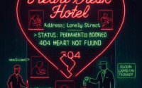 Neon heart-shaped sign for “Heart Break Hotel” with humorous messages like “404 Heart Not Found” and “Address: Lonely Street.”