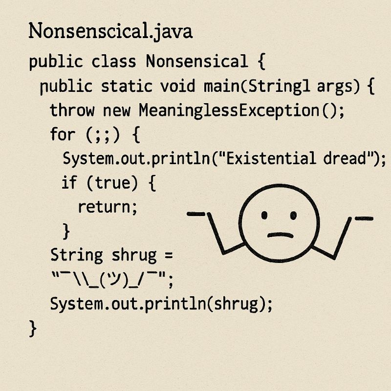 Surreal illustration of Java code looping through existential dread, with abstract symbols and question marks emerging from chaotic, colorful code fragments.