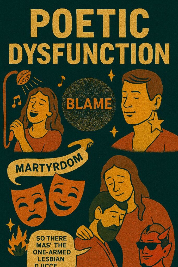 Whimsical emotional funhouse scene with theatrical blame, glowing martyrdom, glittery chaos, and surreal elements like shower songs and existential cuddles.