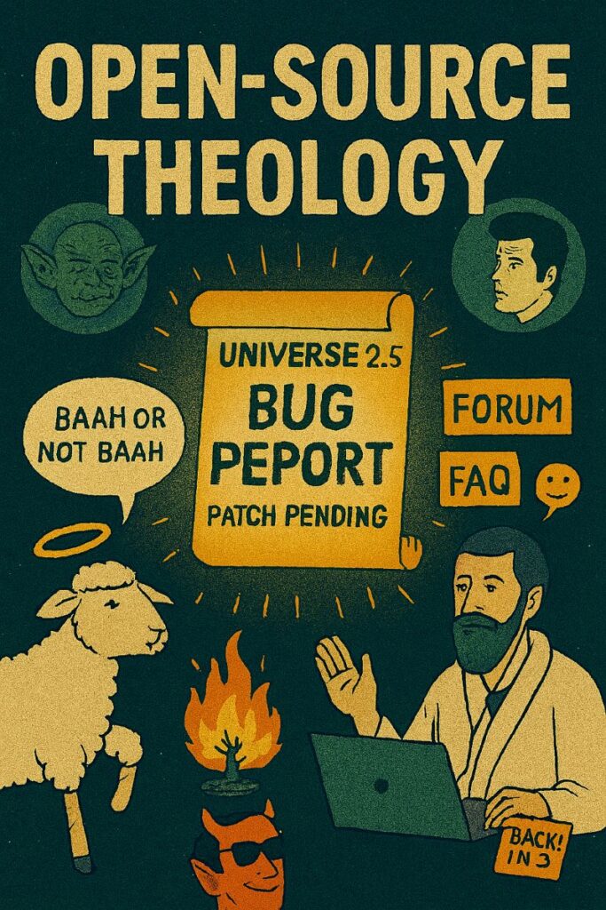 Surreal celestial scene featuring a satirical letter addressed to God, Yoda, Elvis, and other supreme beings, with symbolic bugs, sheep, weather chaos, and a mischievous Satan cameo.