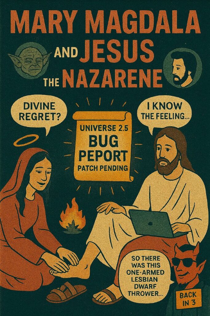 Surreal biblical scene featuring Mary Magdala and Jesus in playful dialogue, surrounded by symbolic foot rubs, chaotic gospel scrolls, and a one-armed dwarf mid-throw.