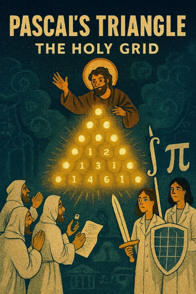 Surreal depiction of Pascal’s Triangle made of Christmas lights, surrounded by symbolic virgins, debugging rituals, and sacred mathematical elements.