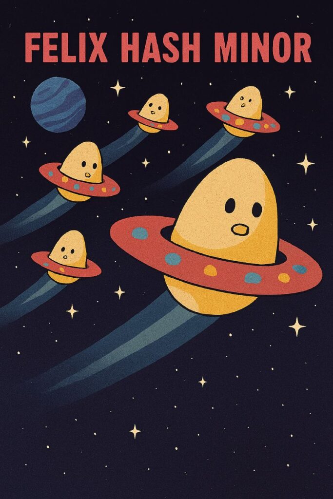Surreal sci-fi illustration of the Pikers of Egg Beta III—frisbee-like beings spinning through space, surrounded by cosmic ozone clouds and disco-inspired light trails.