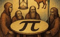 A surreal scene featuring a spinning hourglass levitating above a glowing bureaucratic altar shaped like the pi symbol, while a camel contorts mid-air to pass through a floating needle.
