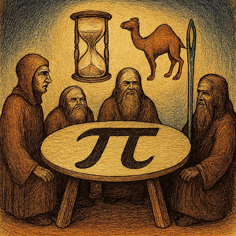 A surreal scene featuring a spinning hourglass levitating above a glowing bureaucratic altar shaped like the pi symbol, while a camel contorts mid-air to pass through a floating needle.