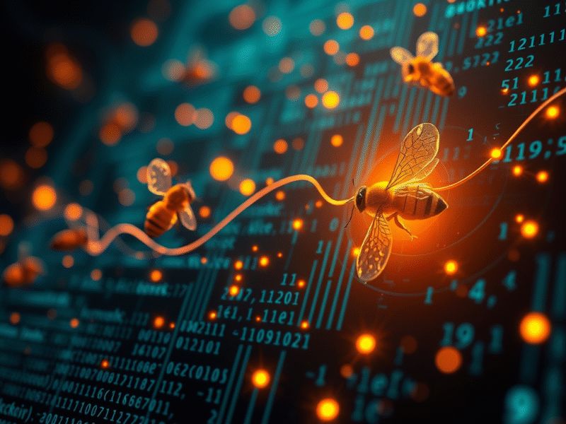 Glowing bees swarm through computer code, clearly on a mission to pollinate your data privacy settings.