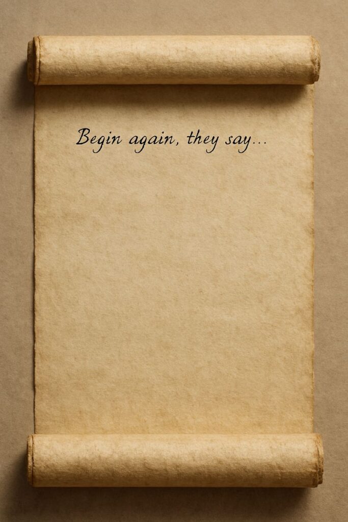 Unrolled parchment scroll with the handwritten phrase “Begin again, they say…” near the top in cursive script.