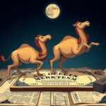 Two cartoon camels walking on a large book under a full moon, surrounded by various papers and objects on a wooden surface.
