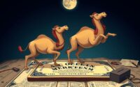 Two cartoon camels walking on a large book under a full moon, surrounded by various papers and objects on a wooden surface.