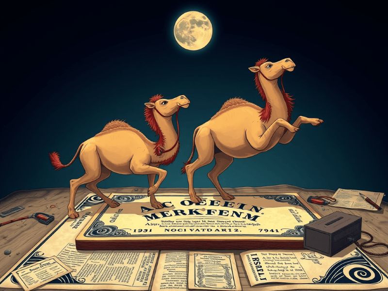 Two cartoon camels walking on a large book under a full moon, surrounded by various papers and objects on a wooden surface.