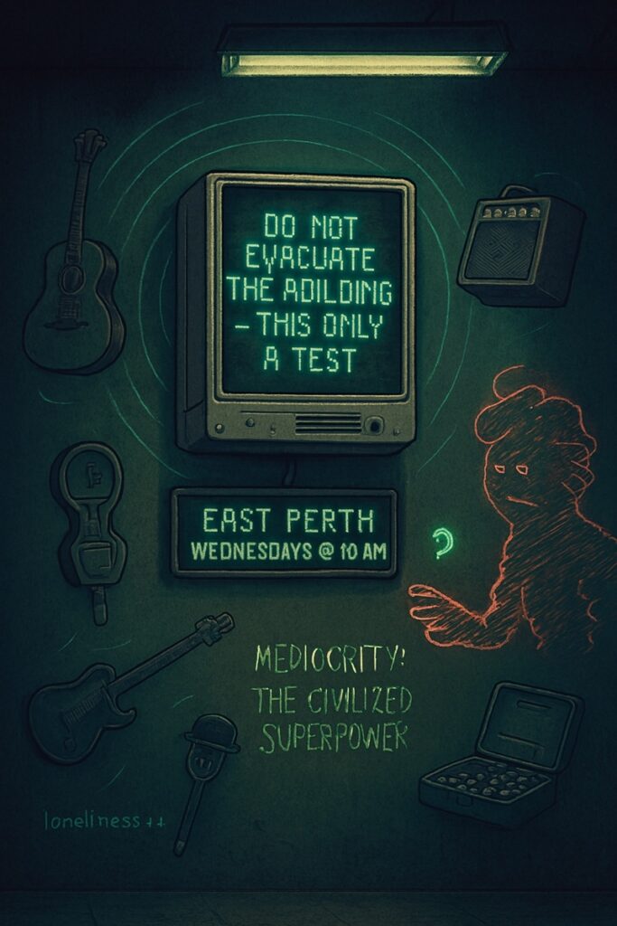 Digital signage with emergency test message, musical instruments, philosophical text, and a red-outlined figure beside a briefcase.