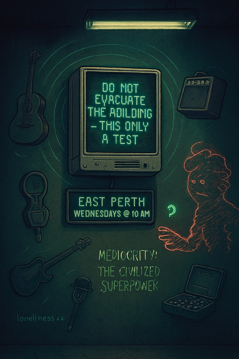 Digital signage with emergency test message, musical instruments, philosophical text, and a red-outlined figure beside a briefcase.