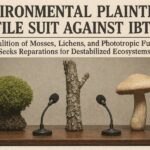 Moss, lichen, and fungus seated at a press conference table, filing a class-action suit against the IBTR for ecological damage caused by erratic light cycles.