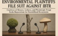 Moss, lichen, and fungus seated at a press conference table, filing a class-action suit against the IBTR for ecological damage caused by erratic light cycles.