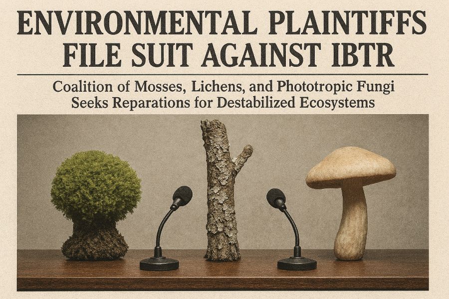 Moss, lichen, and fungus seated at a press conference table, filing a class-action suit against the IBTR for ecological damage caused by erratic light cycles.