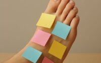 A close-up of a human foot with six colorful sticky notes attached to it, resting on a neutral beige surface.