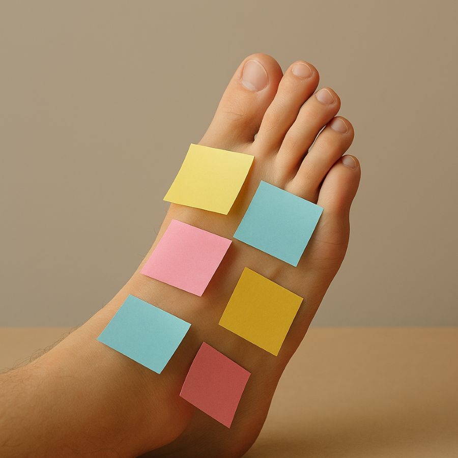 A close-up of a human foot with six colorful sticky notes attached to it, resting on a neutral beige surface.