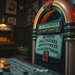 Vintage jukebox labeled “JUKEBOXX” with quirky letter panel and number sequence, surrounded by retro furniture and decor.