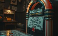 Vintage jukebox labeled “JUKEBOXX” with quirky letter panel and number sequence, surrounded by retro furniture and decor.