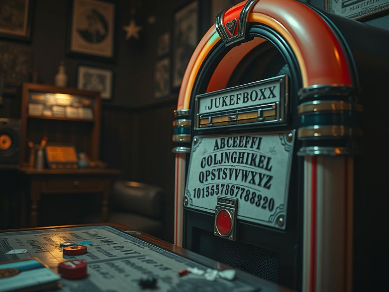 Vintage jukebox labeled “JUKEBOXX” with quirky letter panel and number sequence, surrounded by retro furniture and decor.