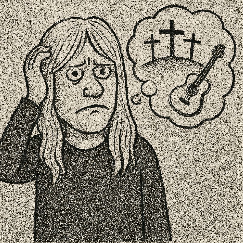 Cartoon of Larry Norman with long hair and a puzzled expression, raising one hand to his head while pondering the cross and a guitar in a thought bubble.