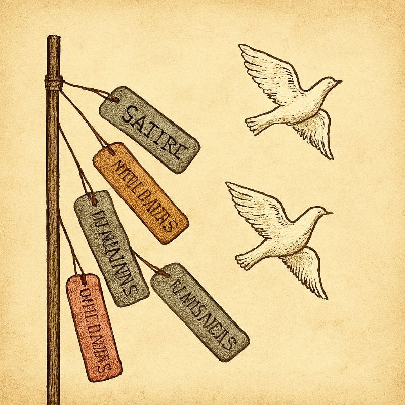 Whimsical illustration of a pole with hanging tags alongside paper birds fluttering upward