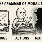 Surreal courtroom scene with nouns in handcuffs, verbs on trial, and motives in shadow