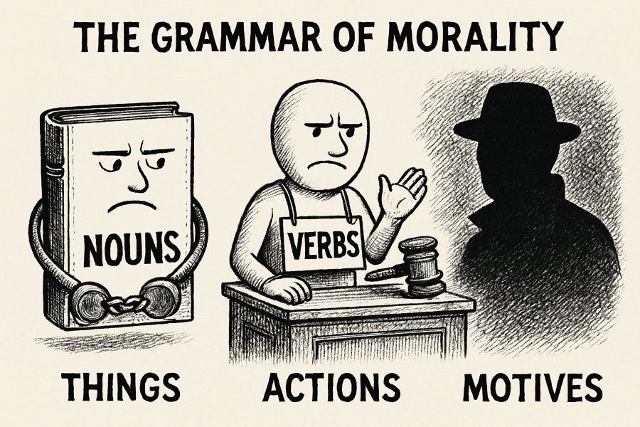 Surreal courtroom scene with nouns in handcuffs, verbs on trial, and motives in shadow