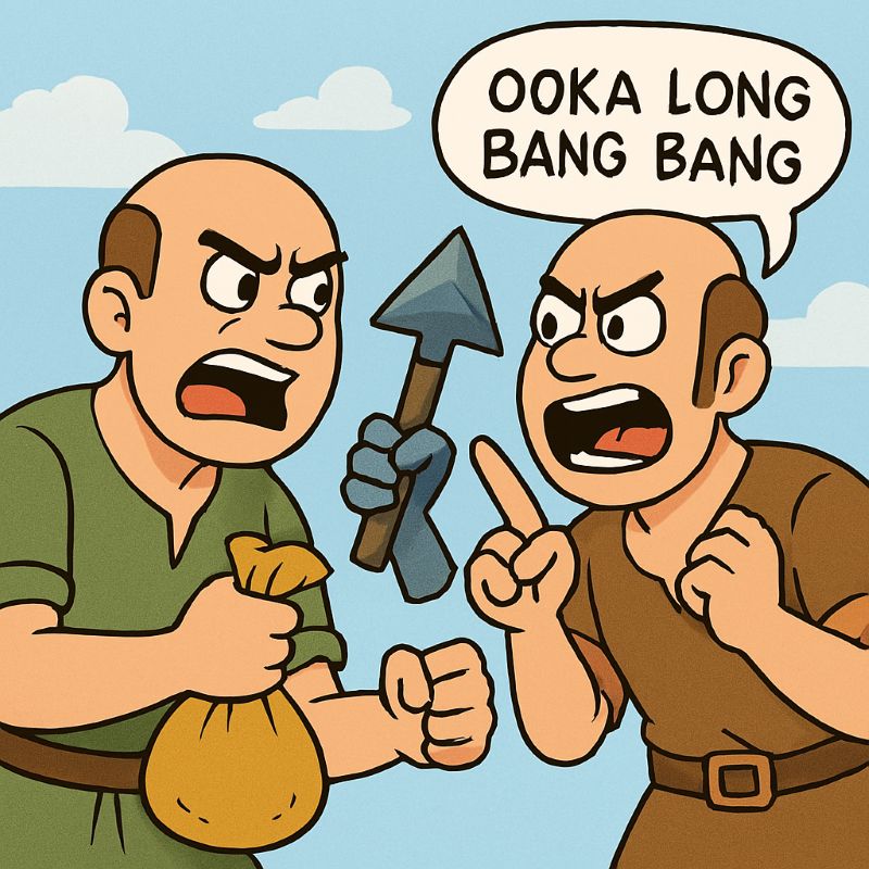 Two bald 10-year-old brothers in medieval tunics quarrel with each other while clutching a rune pickhead and a loot sack, mid-argument over the sacred syllables of “ooka long bang bang.”