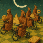 Four robed figures ride tricycles clockwise across a surreal checkerboard landscape, each bearing a sacred geometric snack, beneath a cosmic sky marked by a circular arrow.