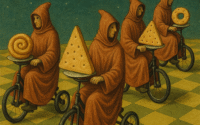 Four robed figures ride tricycles clockwise across a surreal checkerboard landscape, each bearing a sacred geometric snack, beneath a cosmic sky marked by a circular arrow.