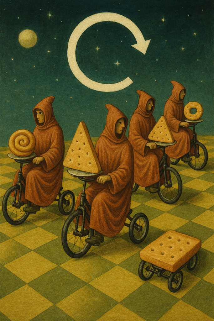 Four robed figures ride tricycles clockwise across a surreal checkerboard landscape, each bearing a sacred geometric snack, beneath a cosmic sky marked by a circular arrow.