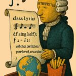 Baroque-style interpreter with “INTERPRETER” on forehead holds a scroll of Python code and musical notes; a melting Earth and fries rest on a tray.