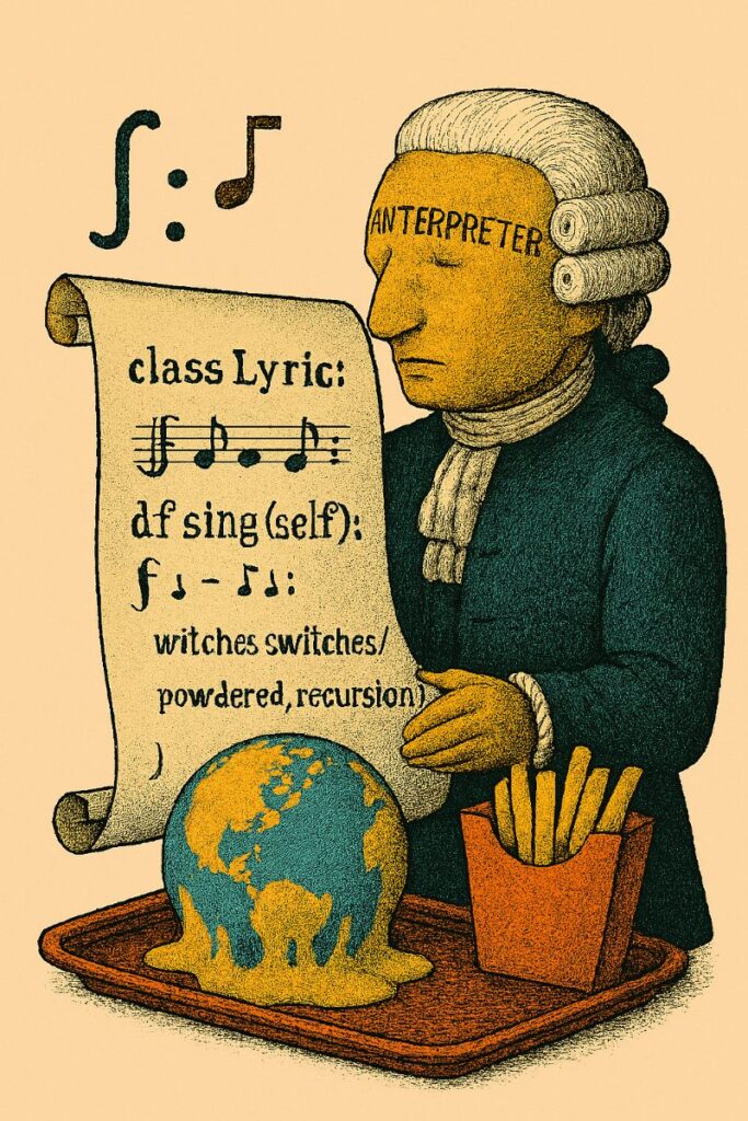 Baroque-style interpreter with “INTERPRETER” on forehead holds a scroll of Python code and musical notes; a melting Earth and fries rest on a tray.