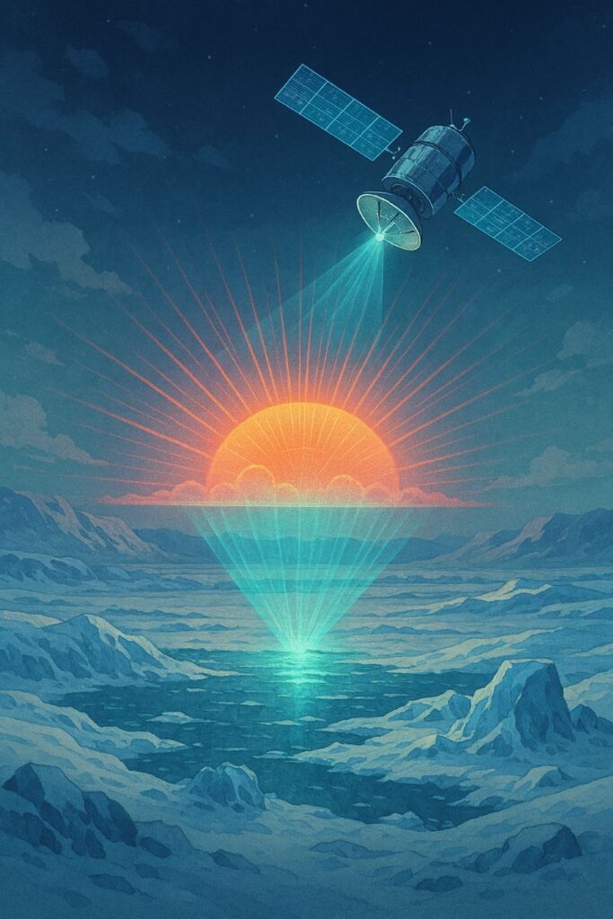 A rogue satellite projects a holographic sunrise over a frozen tundra, casting warm light across icy terrain.