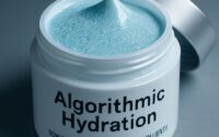 Jar of “Algorithmic Hydration” moisturizer with cream embossed in circuit board patterns.