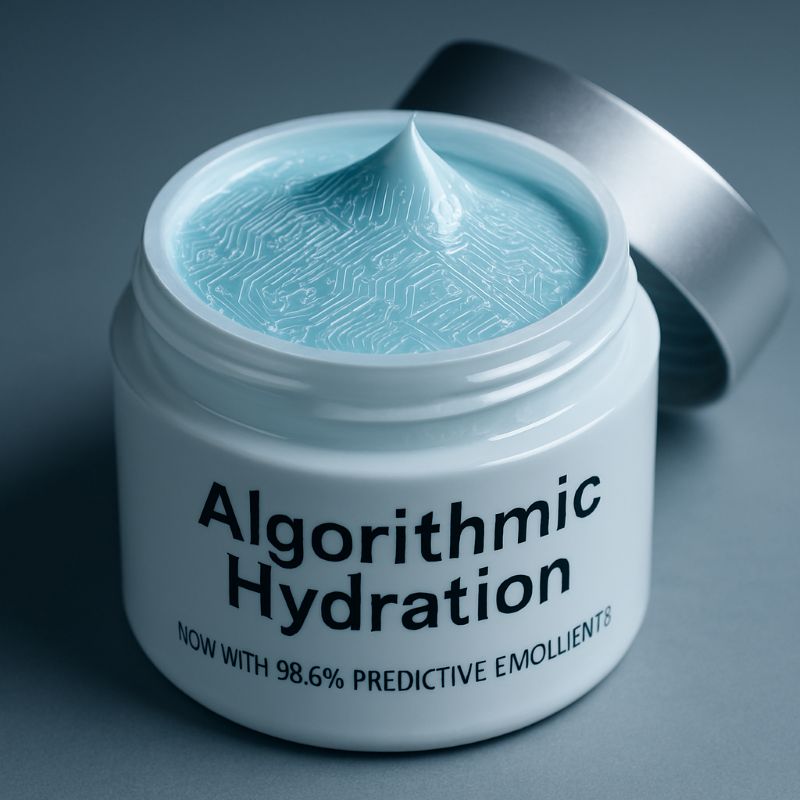 Jar of “Algorithmic Hydration” moisturizer with cream embossed in circuit board patterns.