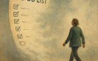 A lone figure walks away from a dissolving to-do list, smiling into the mist as checked boxes vanish into fog.