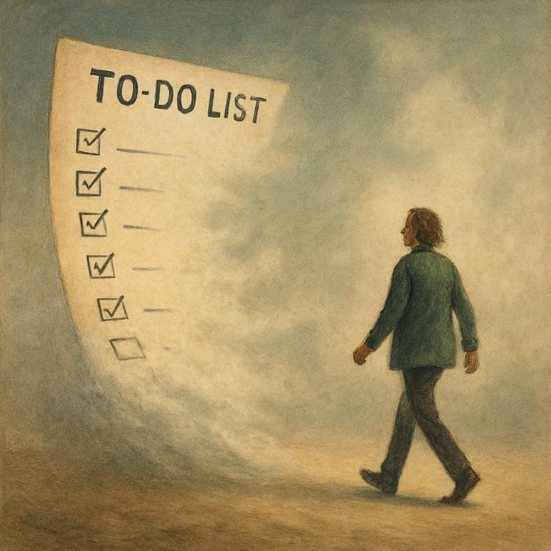 A lone figure walks away from a dissolving to-do list, smiling into the mist as checked boxes vanish into fog.