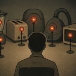 A human figure faces a semi-circle of anthropomorphic appliances—blender, toaster, vacuum, microwave—each with glowing red eyes, suggesting judgment and surveillance.
