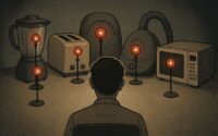 A human figure faces a semi-circle of anthropomorphic appliances—blender, toaster, vacuum, microwave—each with glowing red eyes, suggesting judgment and surveillance.